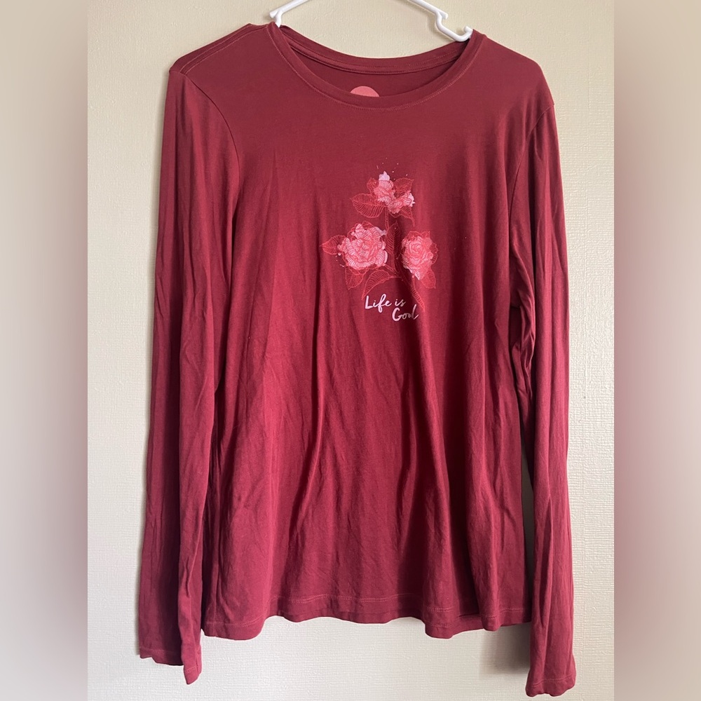 Life Is Good Long Sleeve Tee Floral Red Medium Soft Classic Fit Basic Tee